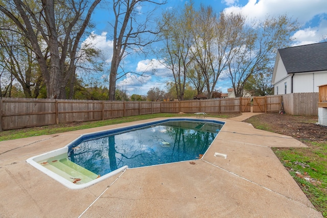 view of pool with a diving board and a patio