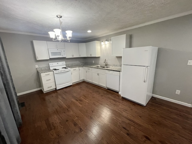 kitchen featuring white cabinets, white appliances, dark wood-type flooring, and sink