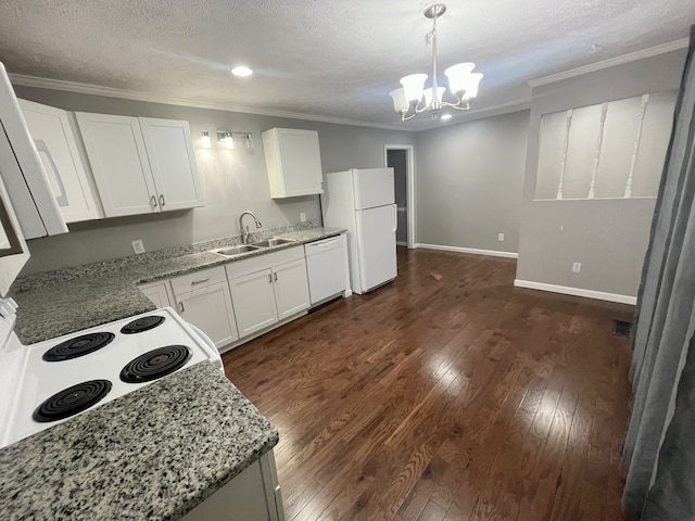 kitchen featuring pendant lighting, white appliances, white cabinets, sink, and dark hardwood / wood-style floors