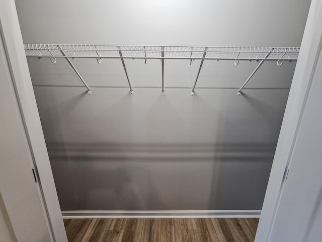 walk in closet with dark hardwood / wood-style floors