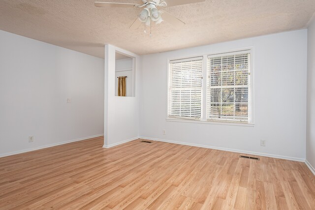 empty room featuring ceiling fan, light hardwood / wood-style flooring, and a textured ceiling