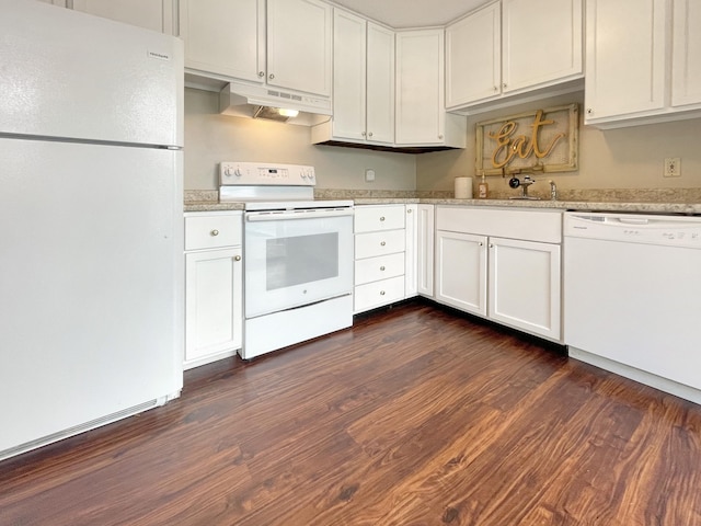 kitchen featuring dark wood-type flooring, white appliances, white cabinetry, and under cabinet range hood