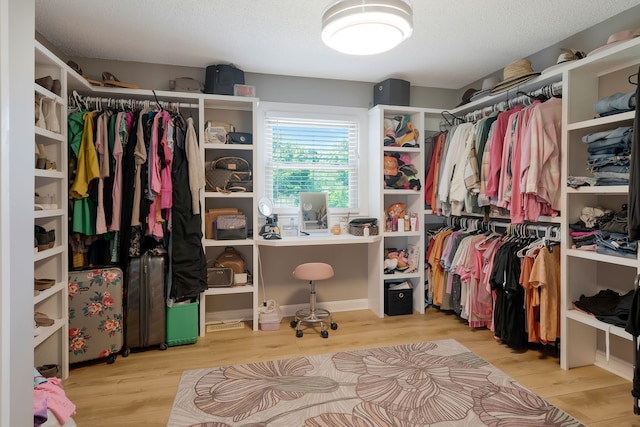 walk in closet with light hardwood / wood-style floors