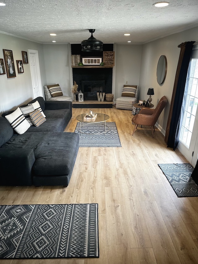 living room with a fireplace, hardwood / wood-style floors, and a textured ceiling