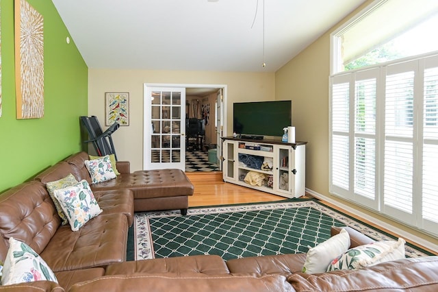 living room with hardwood / wood-style floors and vaulted ceiling