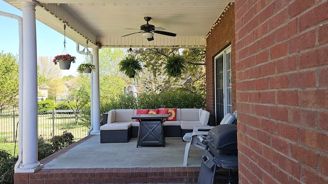 view of patio / terrace featuring outdoor lounge area, ceiling fan, and a grill