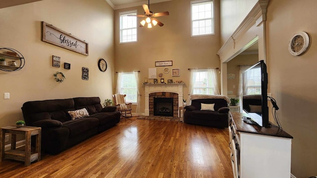 living room with hardwood / wood-style flooring, plenty of natural light, and ceiling fan