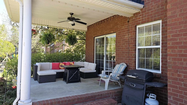 view of patio with outdoor lounge area, ceiling fan, and grilling area