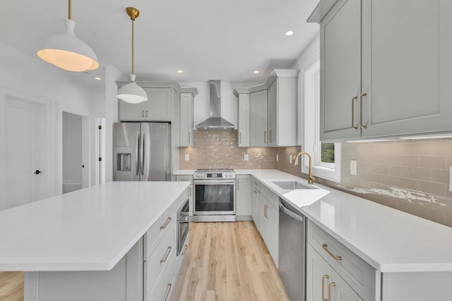 kitchen with pendant lighting, wall chimney exhaust hood, a center island, and stainless steel appliances