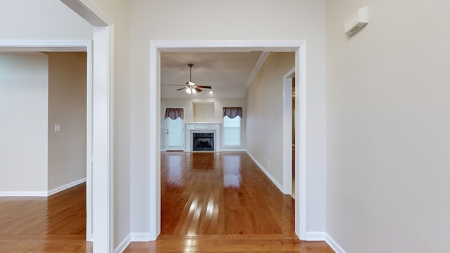 corridor with hardwood / wood-style floors and ornamental molding