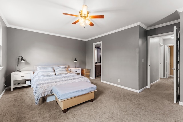 carpeted bedroom featuring ensuite bath, ceiling fan, and crown molding