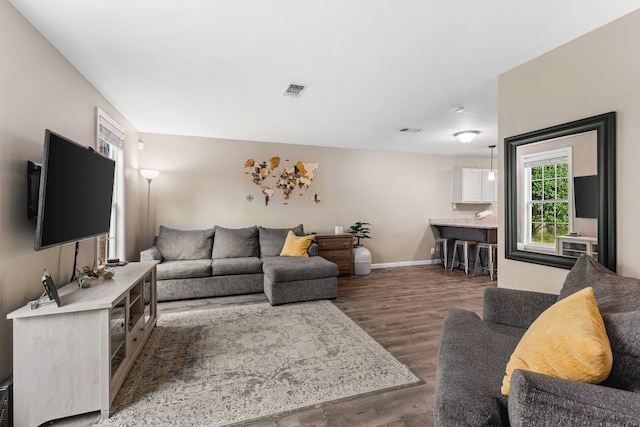 living room featuring dark wood-type flooring