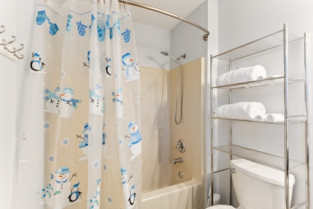 bathroom with shower / tub combo, a textured ceiling, and toilet