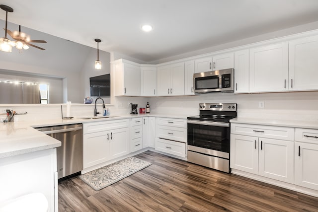 kitchen with appliances with stainless steel finishes, vaulted ceiling, sink, dark hardwood / wood-style floors, and white cabinetry