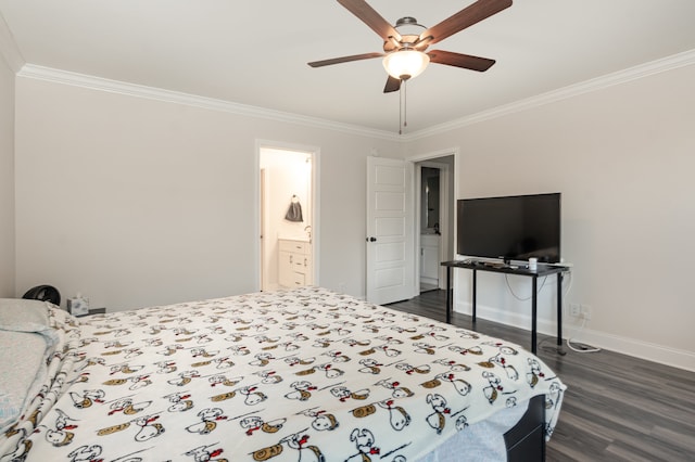 bedroom with ornamental molding, ensuite bath, ceiling fan, and dark wood-type flooring