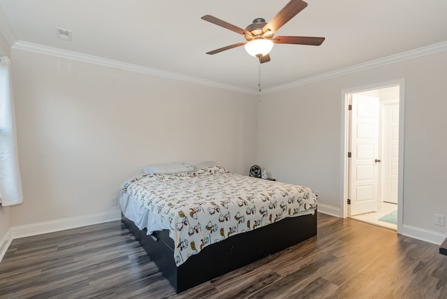 bedroom with ceiling fan, dark hardwood / wood-style flooring, and ornamental molding