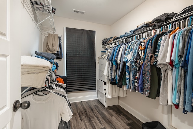 spacious closet featuring dark hardwood / wood-style flooring