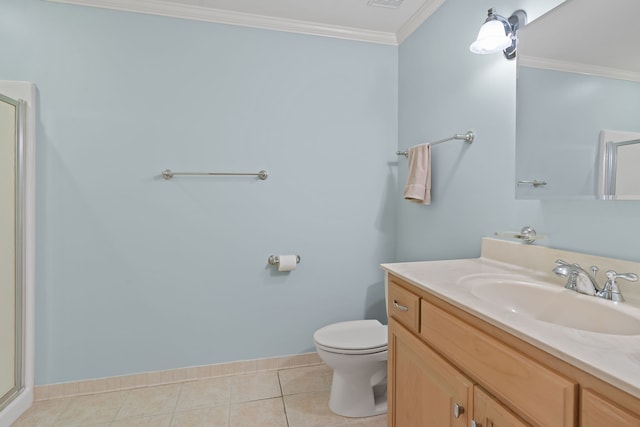 bathroom featuring tile patterned floors, vanity, toilet, and ornamental molding