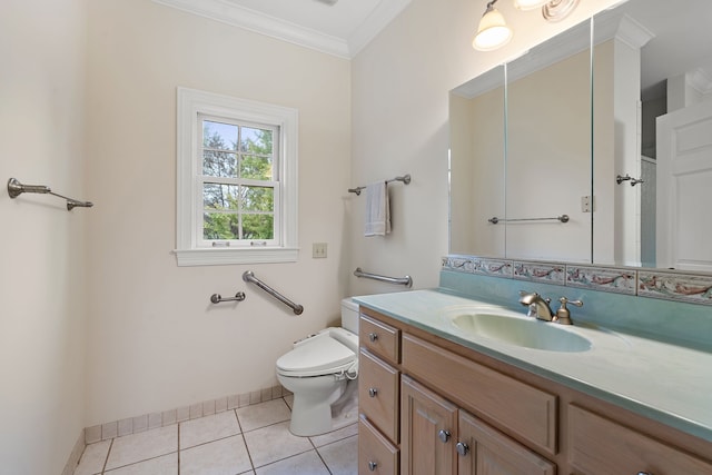 bathroom with tile patterned flooring, vanity, toilet, and crown molding