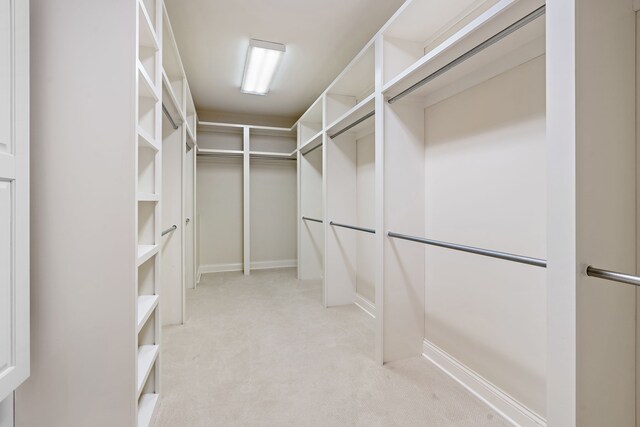 walk in closet featuring light colored carpet