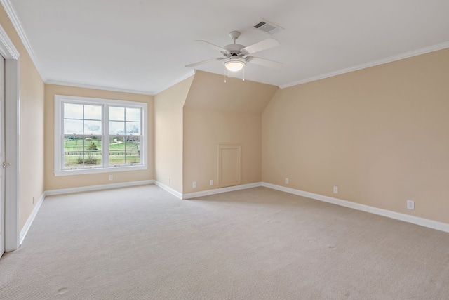 bonus room featuring light carpet, vaulted ceiling, and ceiling fan