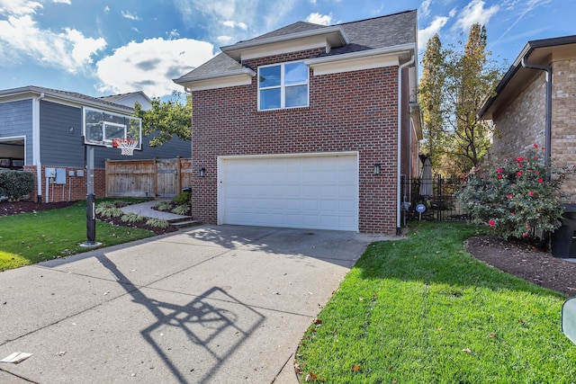 view of home's exterior with a garage and a lawn