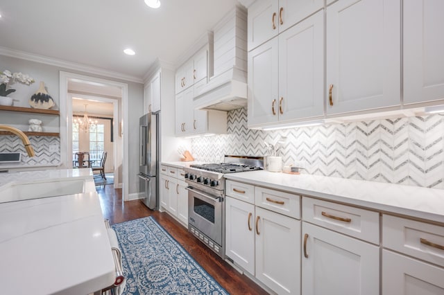 kitchen featuring white cabinets, custom range hood, dark hardwood / wood-style flooring, and high quality appliances