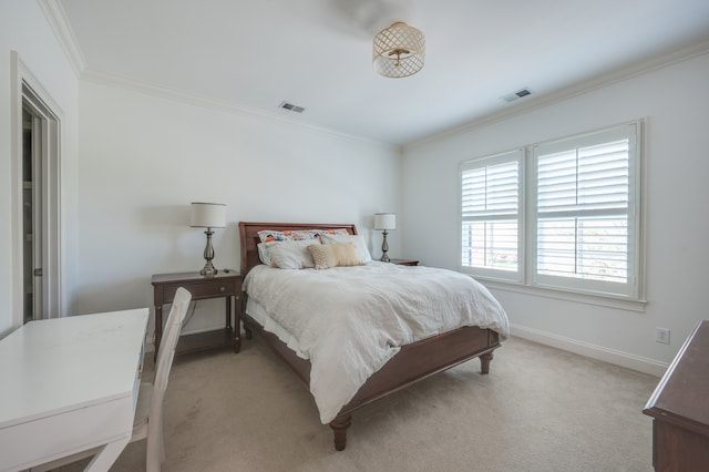 carpeted bedroom with ornamental molding