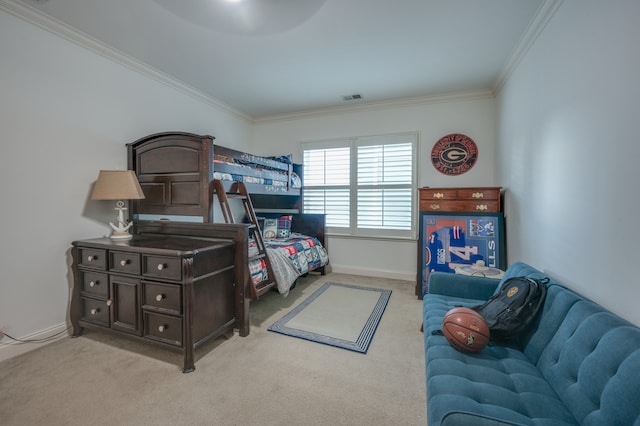 carpeted bedroom with crown molding