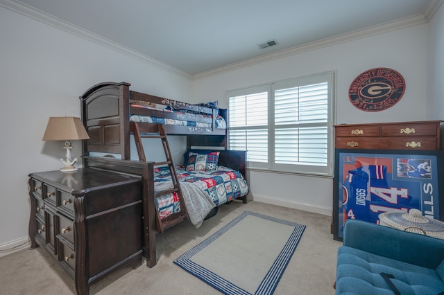 bedroom with light carpet and ornamental molding