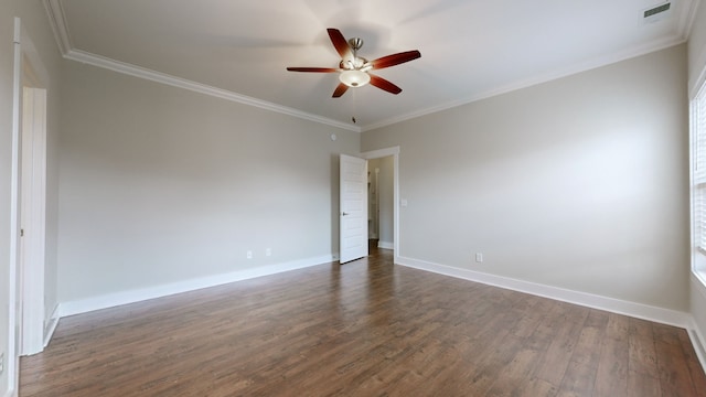 unfurnished room with dark hardwood / wood-style floors, ceiling fan, and ornamental molding