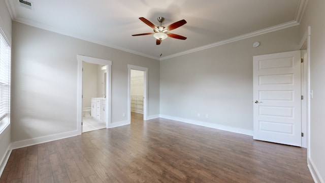 unfurnished bedroom with ceiling fan, wood-type flooring, crown molding, and ensuite bath