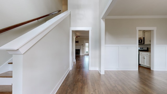 hallway featuring hardwood / wood-style floors and crown molding