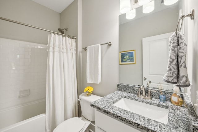 full bathroom featuring vanity, toilet, and shower / tub combo with curtain