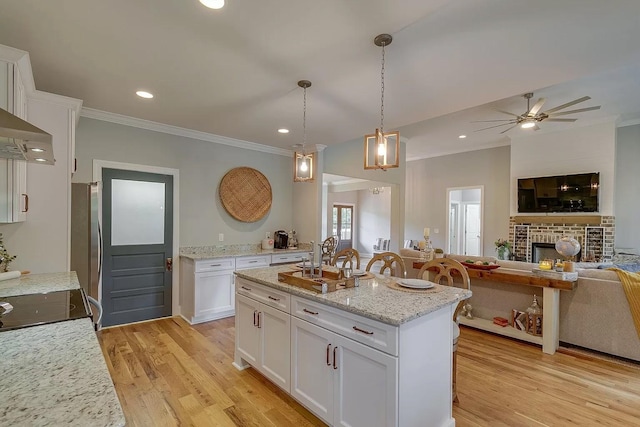 11B Double Br, Columbia, TN 38401 - kitchen featuring ornamental molding, freestanding refrigerator, open floor plan, white cabinetry, and a fireplace