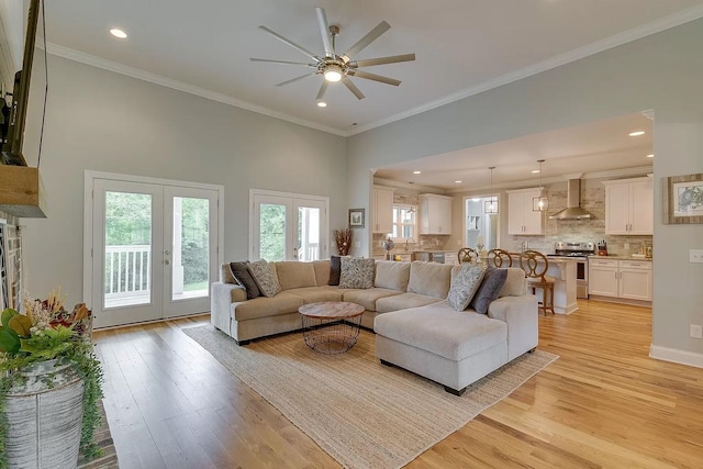 11B Double Br, Columbia, TN 38401 - living room with a ceiling fan, light wood-type flooring, french doors, recessed lighting, and crown molding