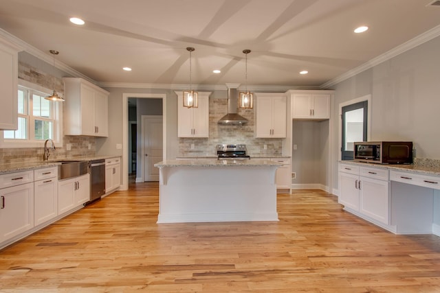 11B Double Br, Columbia, TN 38401 - kitchen with stainless steel appliances, a sink, wall chimney exhaust hood, backsplash, and crown molding