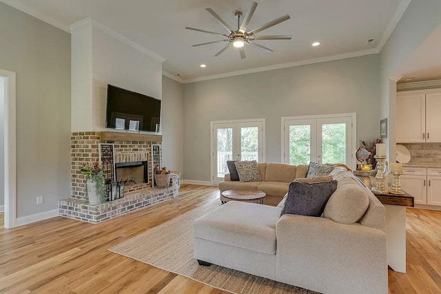 11B Double Br, Columbia, TN 38401 - living area with a ceiling fan, light wood-type flooring, a fireplace, ornamental molding, and recessed lighting