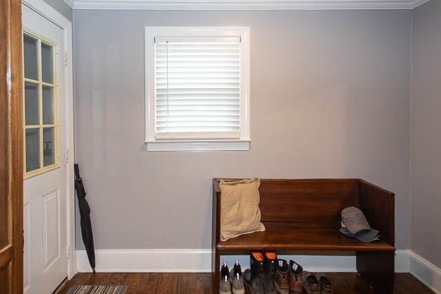 living area featuring dark hardwood / wood-style floors and ornamental molding