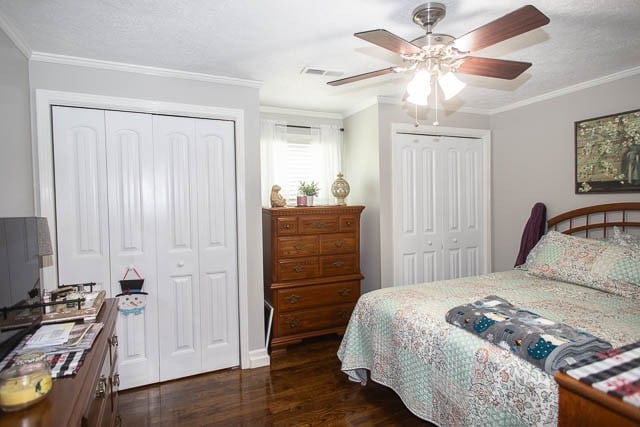 bedroom featuring ceiling fan, dark hardwood / wood-style flooring, ornamental molding, and multiple closets