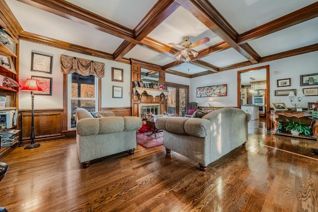 living room with beamed ceiling, dark wood-type flooring, and coffered ceiling