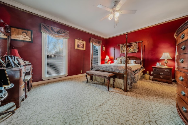 bedroom with ceiling fan, carpet floors, and crown molding