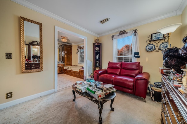 living room with light carpet and ornamental molding