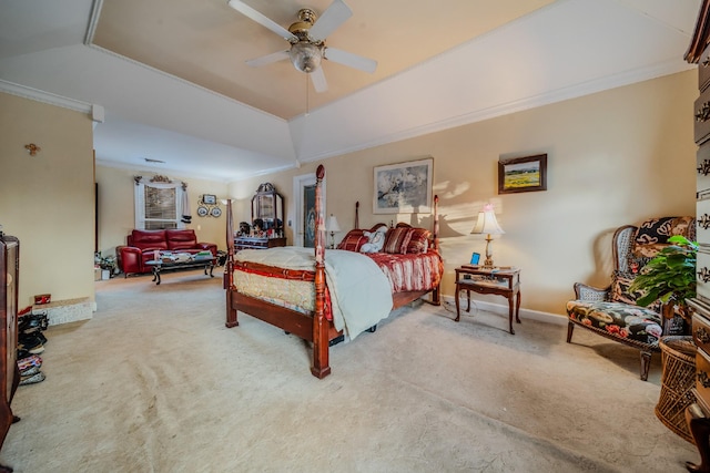 bedroom with carpet floors, ceiling fan, and crown molding