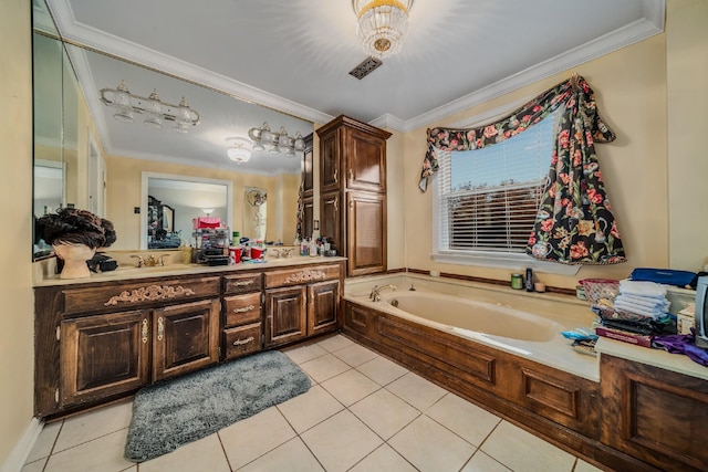 bathroom with tile patterned floors and crown molding