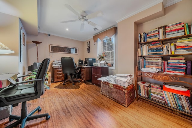 office space featuring ceiling fan, light hardwood / wood-style floors, and ornamental molding