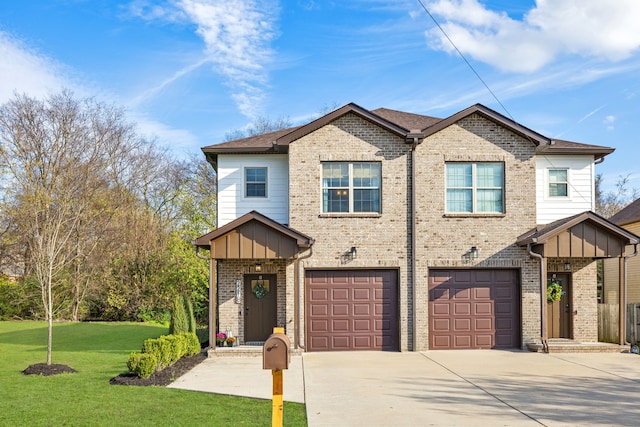 view of front of property featuring a front lawn and a garage