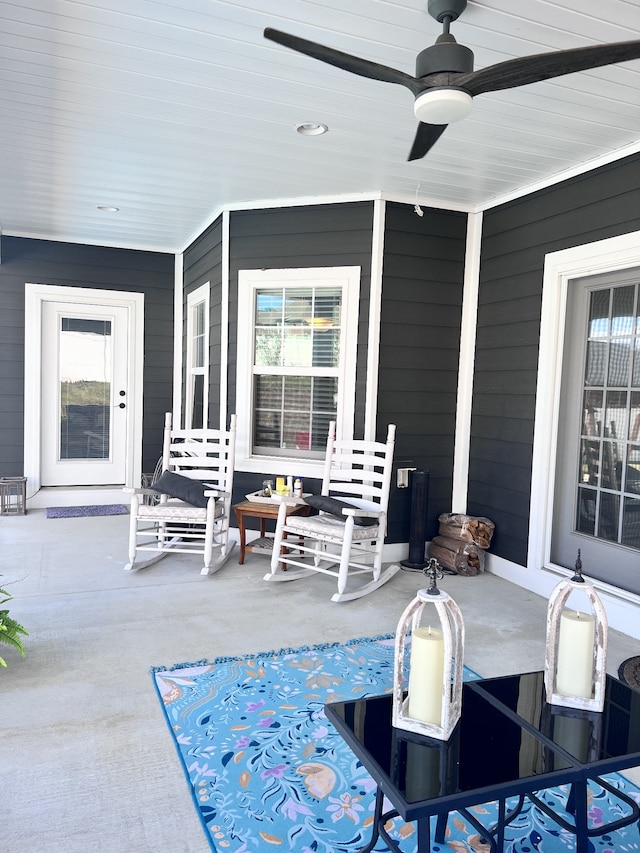 view of patio / terrace featuring ceiling fan and covered porch