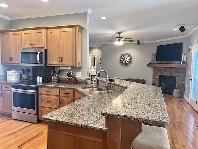 kitchen featuring light wood-type flooring, ornamental molding, stainless steel appliances, ceiling fan, and sink