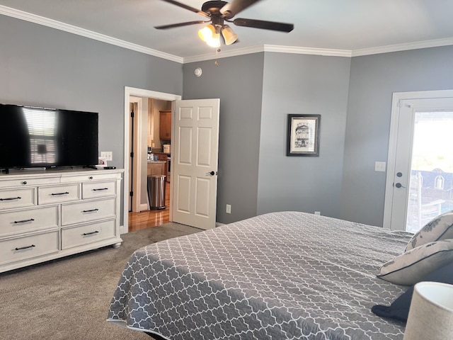 carpeted bedroom with access to exterior, ceiling fan, and ornamental molding